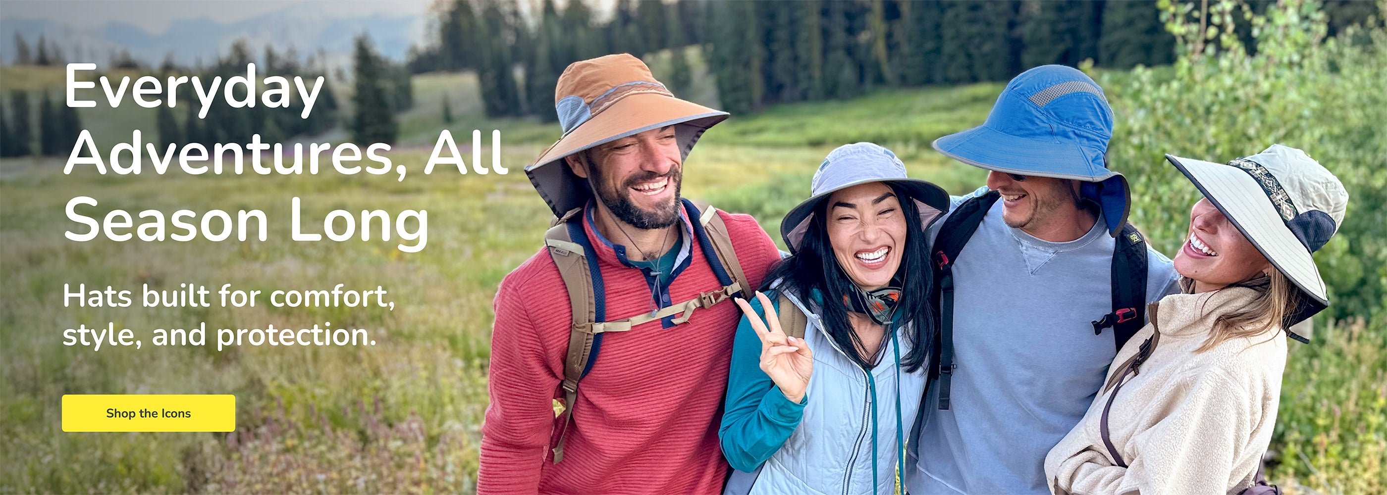 Group of people wearing hats in a field with promotional text about hats for everyday adventures and a button that says " Shop the Icons".