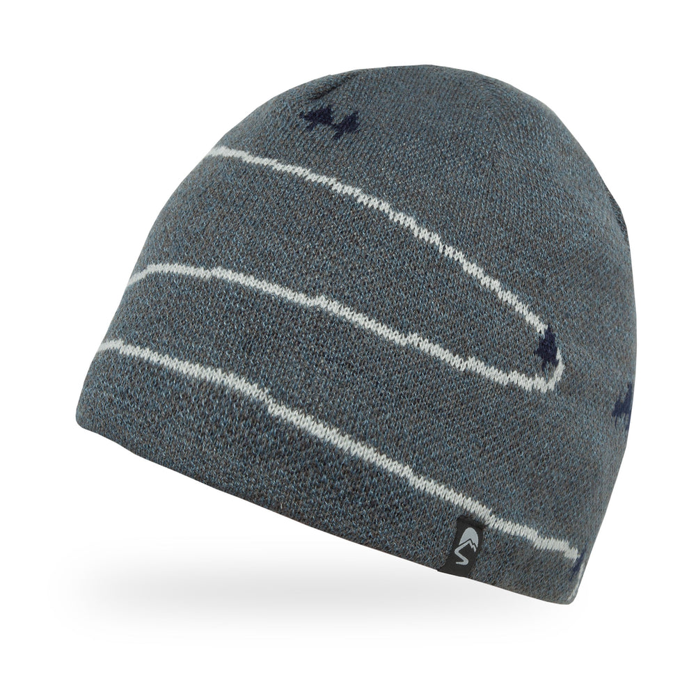 A gray and black striped beanie with a windproof fleece earband and a fitted crown.